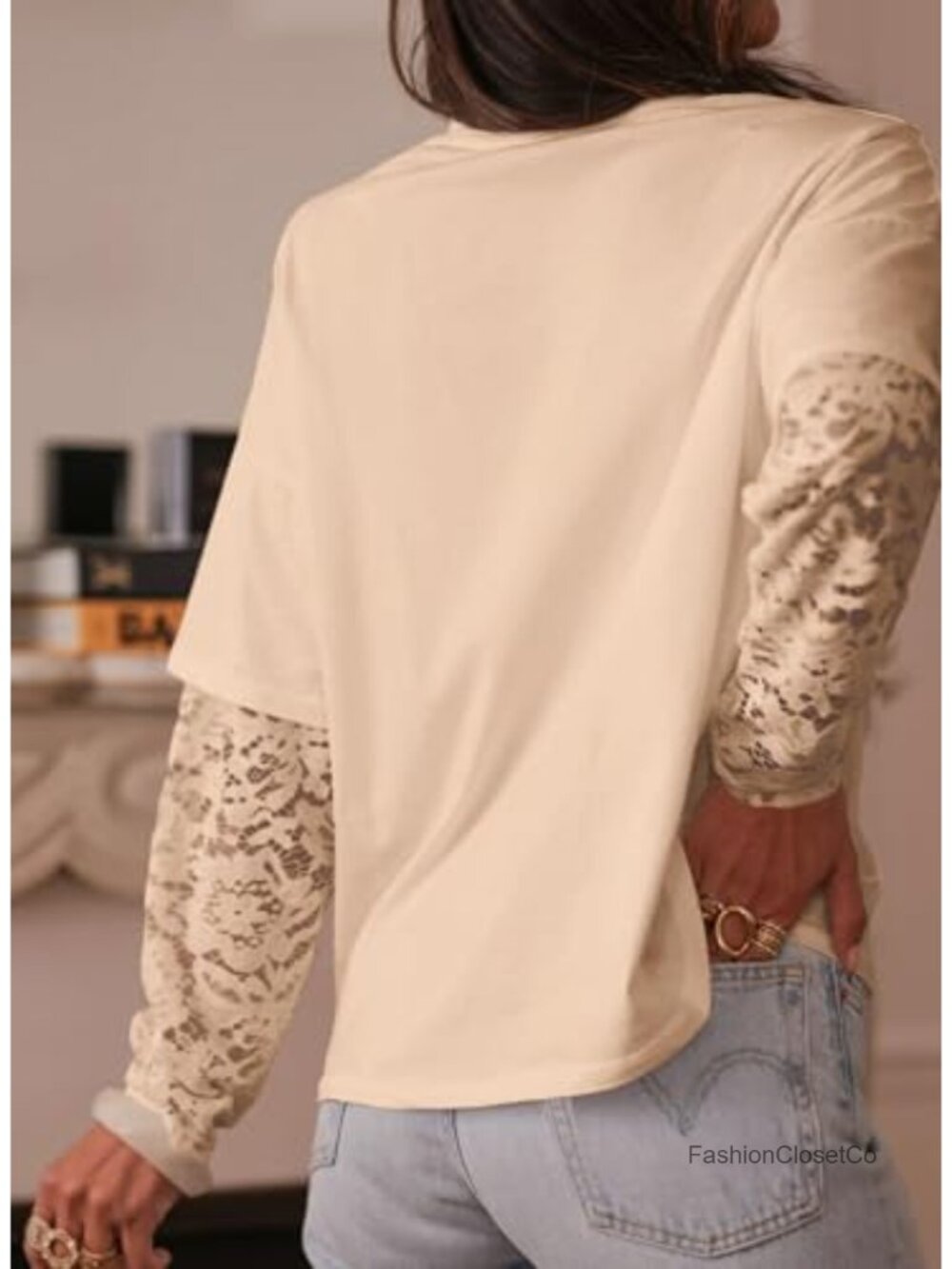 Women's Long Sleeve Lace Patchwork Crew Neck T-Shirt Top - Picture 4 of 6